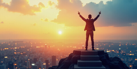 Success concept, businessman celebrates victory atop stairs with city skyline at sunrise