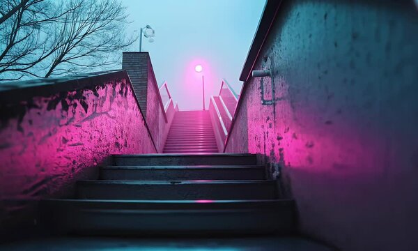 Moody Urban Stairway Illuminated by a Vibrant Pink Streetlight in a Foggy Evening Setting, Creating a Futuristic and Atmospheric Scene