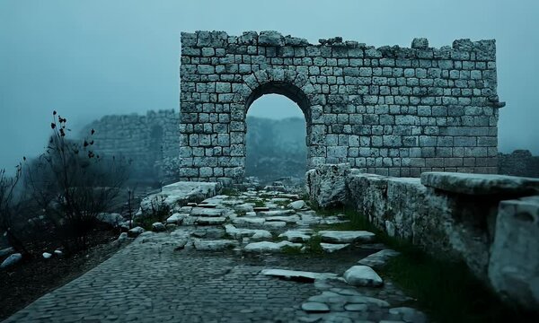 Ancient Stone Archway and Weathered Pathway Leading into a Foggy Landscape, Evoking Mystery and Historic Charm