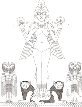 Queen of the Night. A likely representation of either Ereshkigal or Ishtar. Graphic concept of the Burney Relief. Southern Mesopotamian. Old-Babylonian period. Dated it between 1800 - 1750 BCE