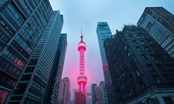 Modern Cityscape with Skyscrapers Framing a Futuristic Tower Illuminated in Vibrant Pink Lights Against a Foggy Evening Sky