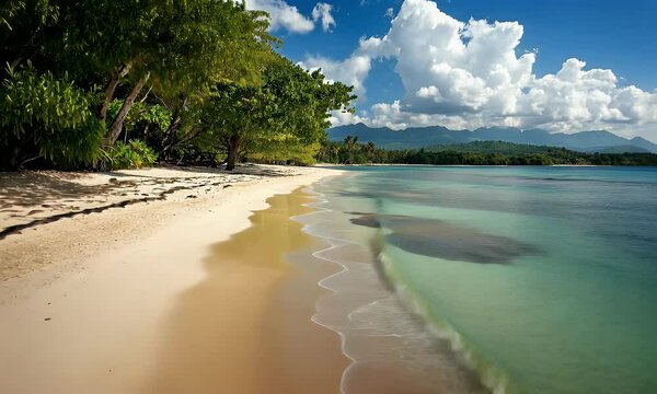 Idyllic Tropical Beach with Pristine White Sand, Turquoise Waters, Lush Green Trees, and a Stunning Blue Sky with Puffy White Clouds