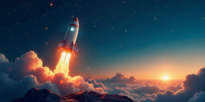 Success concept: Rocket launch at sunrise, symbolizing new beginnings and a successful business venture.