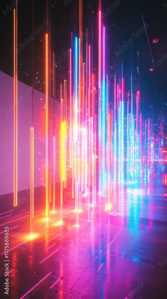 Poster vibrant abstract lighting installation creating a captivating atmosphere with colorful vertical stri