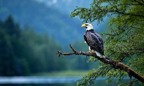 Majestic Bald Eagle Perched on a Tree Branch Against a Lush Forest Background in a Serene and Natural Wilderness Setting