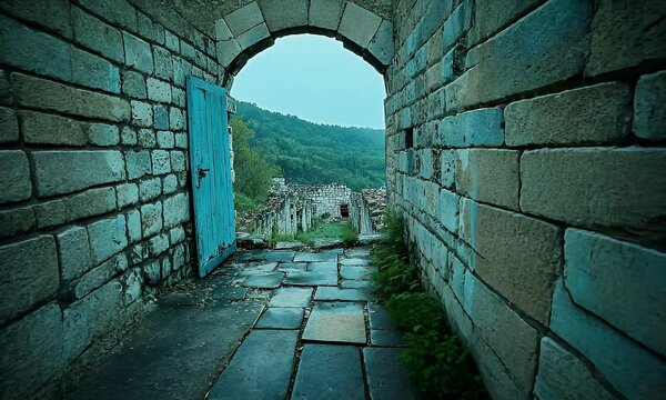 Rustic Stone Archway with a Vibrant Blue Wooden Door Overlooking a Scenic Village and Verdant Hills in a Tranquil Countryside Setting