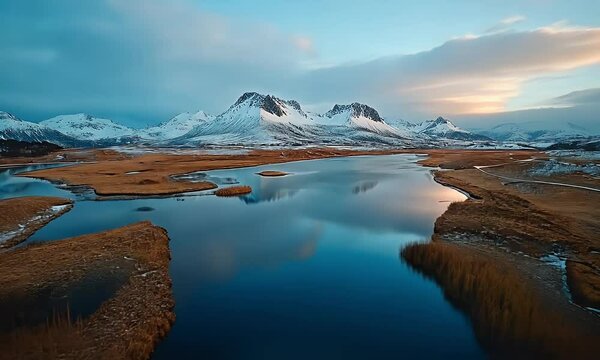 Breathtaking Arctic Landscape with Snow-Capped Mountains Reflected in a Clear Blue Lake Surrounded by Golden Grasses Under a Serene Sky