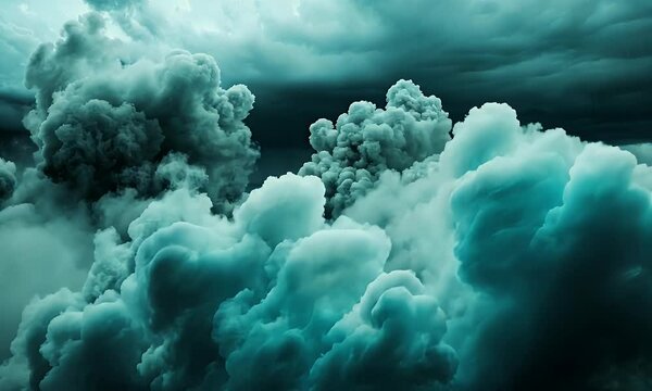 Dramatic Close-Up of Dense, Turbulent Clouds in Vibrant Teal Shades Creating a Moody and Atmospheric Sky Scene
