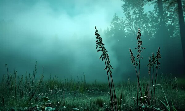 Serene Misty Landscape with Tall Grass and Delicate Plants Silhouetted Against a Foggy Forest Backdrop in Soft Teal Tones