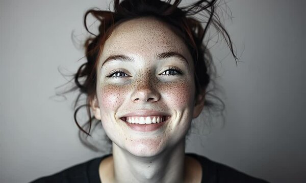 Close-Up Portrait of a Smiling Woman with Freckles and Messy Hair Radiating Joy and Natural Beauty in Soft Lighting