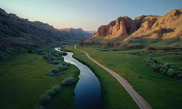 Scenic Aerial View of a Serene Valley with a Meandering River, Rolling Green Fields, and Rugged Mountains under a Clear Blue Sky at Sunrise