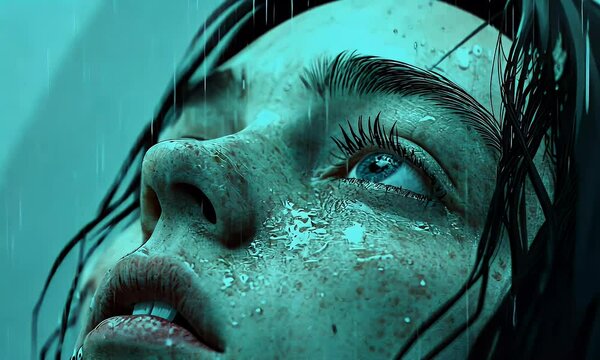 Emotional Close-Up of a Woman&rsquo;s Face in Moody Blue Lighting with Rain and Water Droplets Conveying Sadness, Vulnerability, and Artistic Melancholy