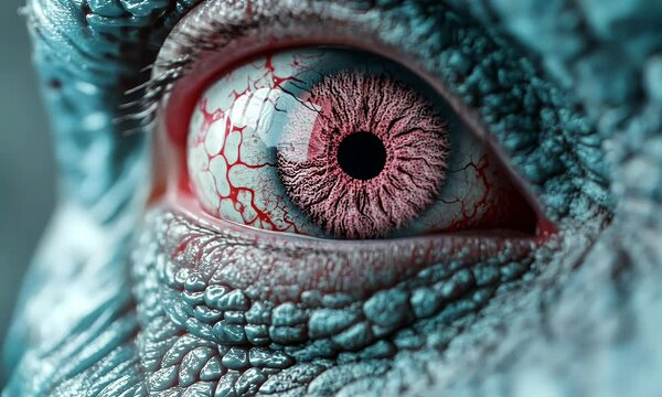 Close-Up of a Bloodshot Eye with Intense Pink Iris and Detailed Textured Skin Highlighting a Surreal and Intriguing Artistic Concept