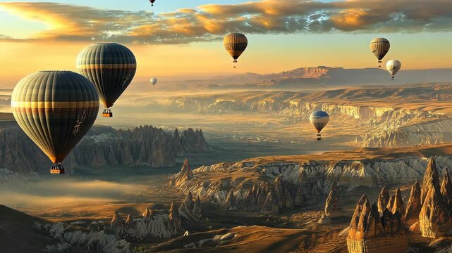 Hot air balloons rise over stunning rock formations at sunrise in Cappadocia, Turkey, creating a breathtaking landscape