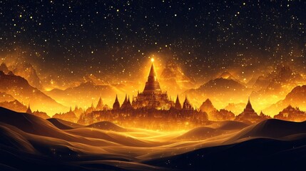 Mesmerizing fantasy landscape featuring an ancient desert temple silhouetted against a dramatic starry night sky with majestic mountains and a serene mystical atmosphere
