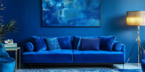 Blue interior design, living room with a azure sofa, armchair, carpet, lamp, side table, painting on the wall and ultramarine walls.