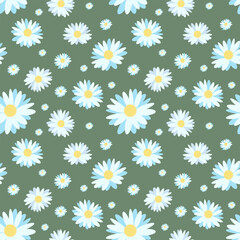 Seamless Pattern with Chamomile in Flat Style on Green Background. Simple Design with Spring Daisy Flowers. Floral Print with White Flowers. Concept for Fashion Print, Modern Textile. Vector.