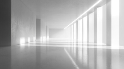 White futuristic background featuring a soft glow with backlight creating a serene atmosphere blank caption space on the side blurred effect suggests minimalism modernity innovation and calmness

