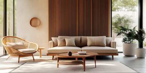Fototapeta premium Mid-century modern living room, wood paneled walls, floor-to-ceiling windows, nature view, beige sofa, round coffee table, tan leather lounge chair, indoor plants, minimalist decor, warm lighting, neu