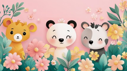 Cute Animal Cartoon in Floral Setting