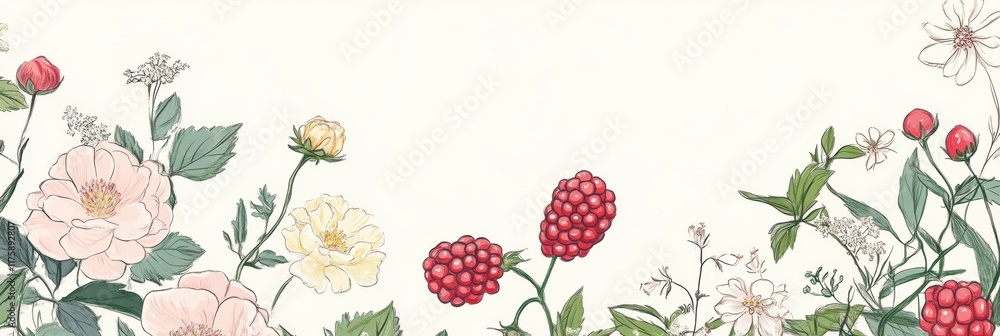 Poster hand drawn doodle featuring vibrant flowers and berries in a natural setting during daylight. genera
