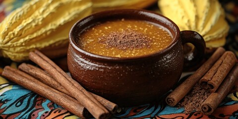 Traditional Mexican Hot Chocolate in Rustic Clay Mug with Cinnamon and Cacao Pods on Colorful Textile - Authentic Mexican Beverage Experience and Recipe