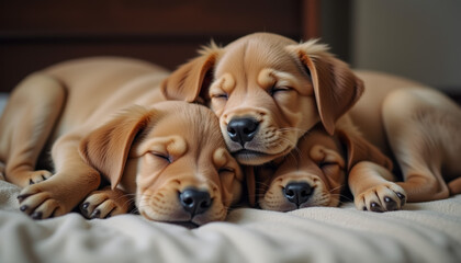 Obraz premium A heartwarming scene of adorable puppies piled together and peacefully sleeping, showcasing their cozy bond in a tranquil indoor setting.