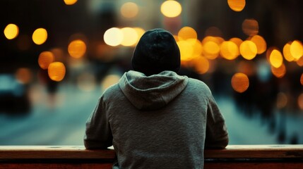 Person in hoodie looking at city lights at night.