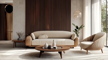modern living room, minimalist interior design, beige sofa, wooden slat wall, round white pendant light, coffee table, potted plant, neutral color palette, warm lighting, contemporary furniture, textu