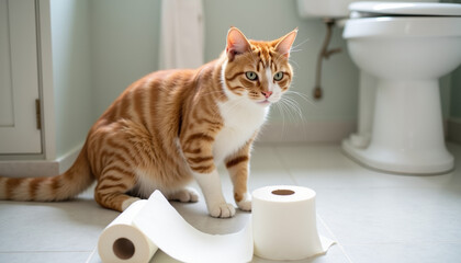 A cheerful orange tabby cat is curiously sitting next to a roll of toilet paper on the bathroom floor, highlighting its playful nature and the joy of pet exploration.