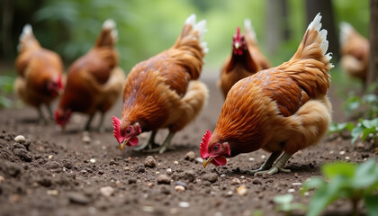 Fototapeta premium A lively group of chickens scratching in the dirt, enjoying their outdoor environment and showcasing their natural foraging behavior in a sunny farmyard.