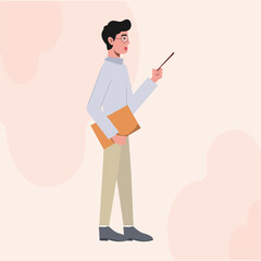 A Business Man with Glasses Flat Character Standing Side View Explaining Something