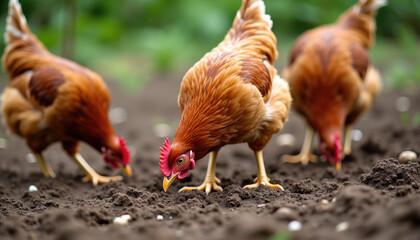 Fototapeta premium A hen scratching in the dirt, surrounded by other chickens, creates a vivid scene of farm life and natural animal behavior in a sunny countryside.