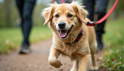 An energetic golden retriever joyfully pulling on its leash during a sunny walk, highlighting its playful spirit and bond with its owner in a vibrant outdoor atmosphere.