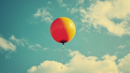 Obraz premium Red and yellow balloon floats in a blue sky with clouds.