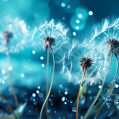 Dandelions adorned with glistening water droplets, showcasing nature's beauty and freshness