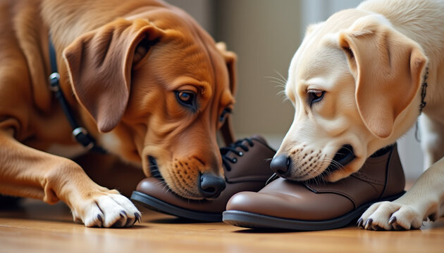 Two puppies engrossed in chewing on shoes, capturing their playful nature and curious interactions in a humorous indoor atmosphere.