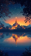 Fototapeta premium Breathtaking view of a majestic Buddhist temple reflected in a calm lake surrounded by a starry night sky and silhouetted mountains in the Southeast Asian country of Thailand