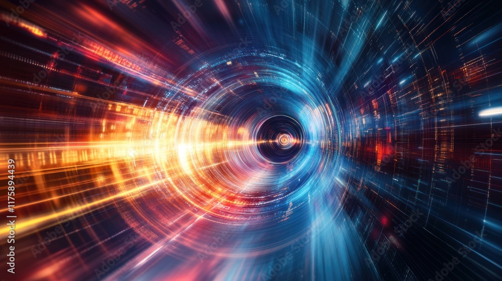 Poster abstract representation of data flow and technology with vibrant colors in a dynamic circular patter
