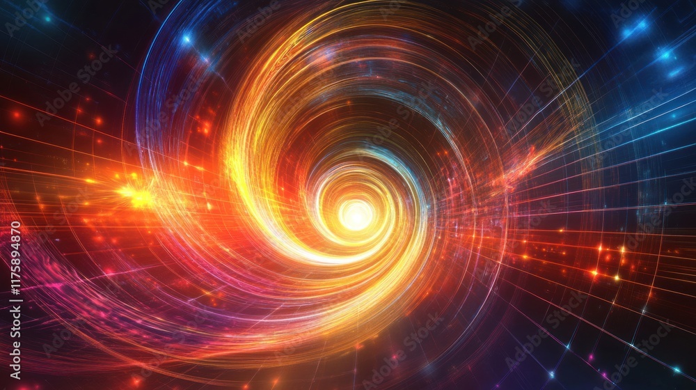 Poster dynamic vortex of light and color creating a stunning cosmic scene in an abstract style with radiant