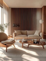 modern living room, minimalist interior design, beige sofa, wooden slat wall, round white pendant light, coffee table, potted plant, neutral color palette, warm lighting, contemporary furniture, textu