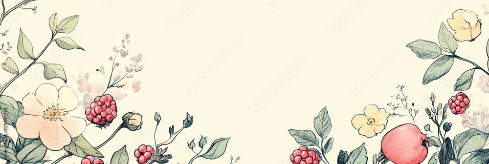 Poster hand drawn doodle featuring floral elements and fruits on a soft background in a whimsical design. g
