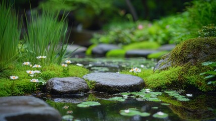 Serene garden pond with stepping stones, moss, and white flowers.