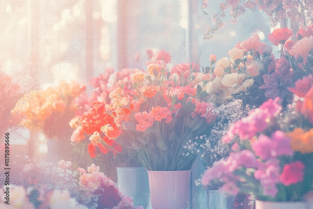 Poster Beautiful floral display in a bright, sunlit indoor setting with various colorful blooms surrounded by soft light. Generative AI