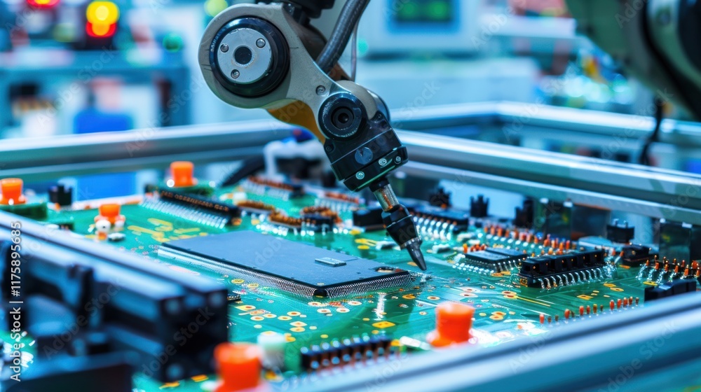 Poster robotic arm precision: automated circuit board assembly in a modern factory setting