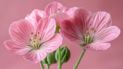Close-up of three delicate pink flowers with visible veins on a pink background.