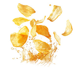Naklejka premium Golden potato chips splashing into oil with dynamic motion and vibrant colors, Splashing potato chips isolated