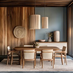 Modern rustic dining room, large wooden table, mid-century chairs, hanging glass pendant lights, tall windows, natural light, wood paneled walls, abstract blue artwork, area rug, minimalist decor, war