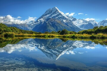 Naklejka premium Majestic snow-capped mountain reflecting in calm blue lake under clear sky in New Zealand's natural landscape