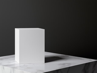 Minimalist display of a white cube on a marble pedestal in a dark setting highlighting modern design principles
